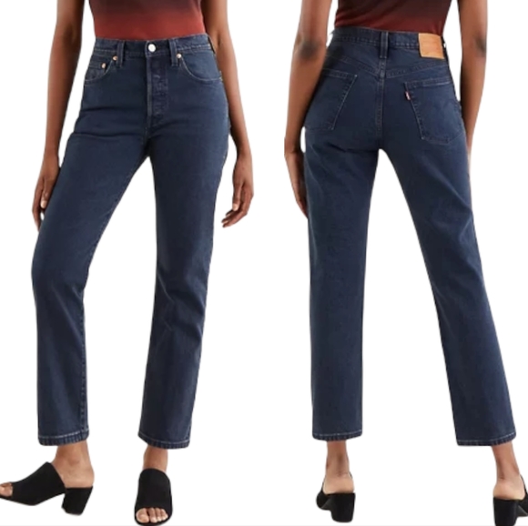 501 Navy Blue Dark Wash Straight Leg High Waist Jeans - Picture 4 of 9